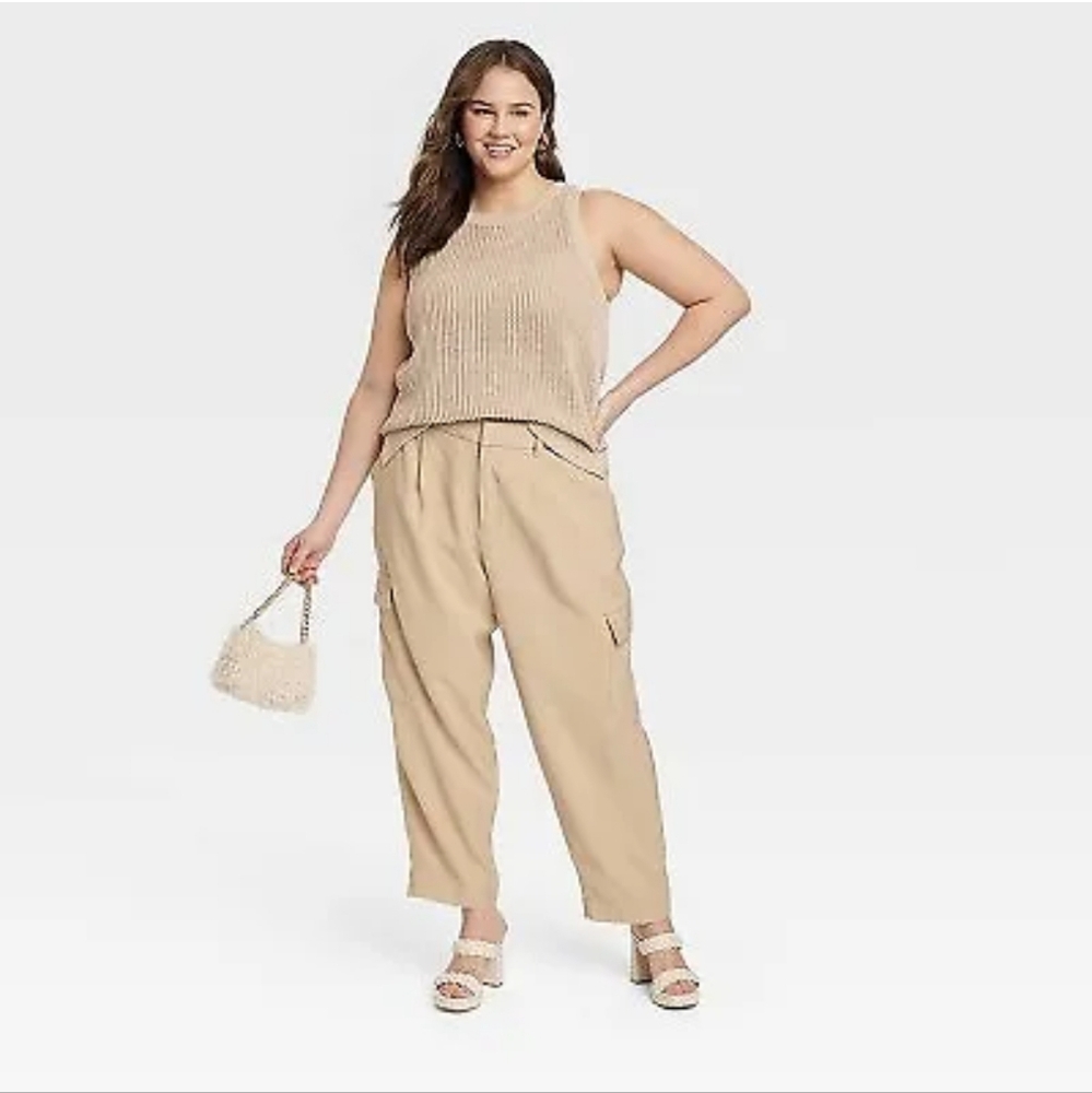 A New Day Tapered Ankle Cargo Pants 17 Womens High Rise Waist Pleated‎ Khaki Tan